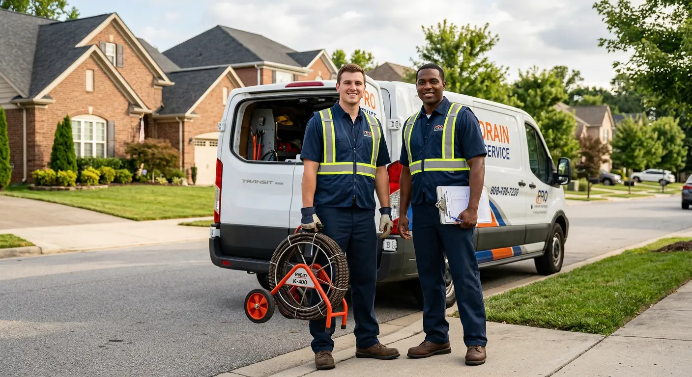 Sewer and drain service team with equipment ready for work in Huntington