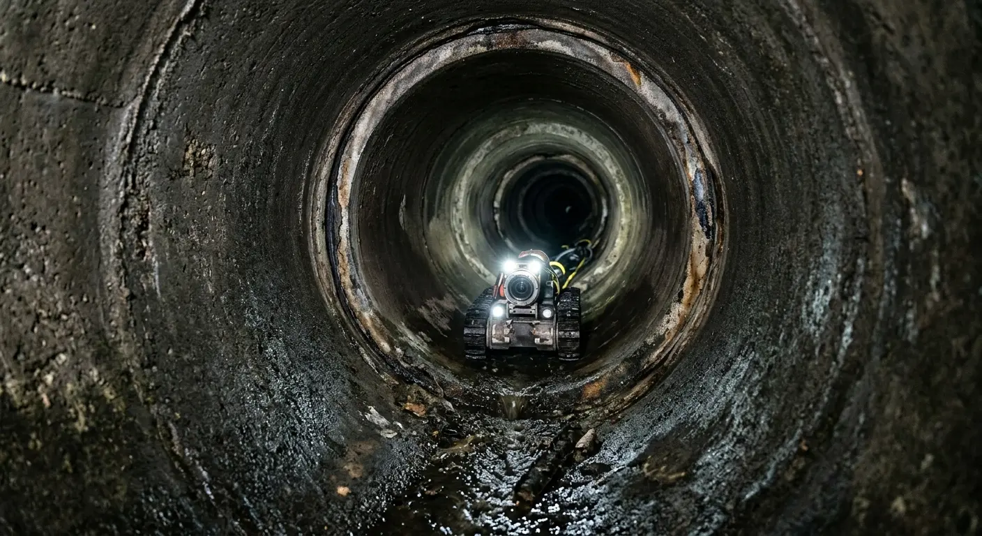Robotic sewer camera inspecting pipe interior for Drain Snake Service in Huntington